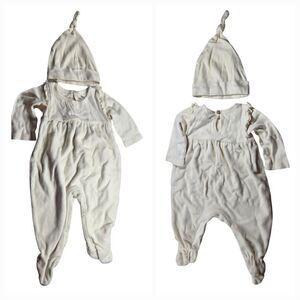 Burt's Bees Baby Girl 0-3M Velour Ruffle Romper Knot Hat Matching Set 2pc Ivory